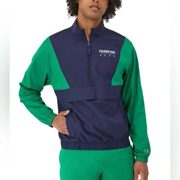 Champion Men's Half-Zip Colorblocked Long Sleeve Jacket Navy/Green- NWT - Picture 1 of 4